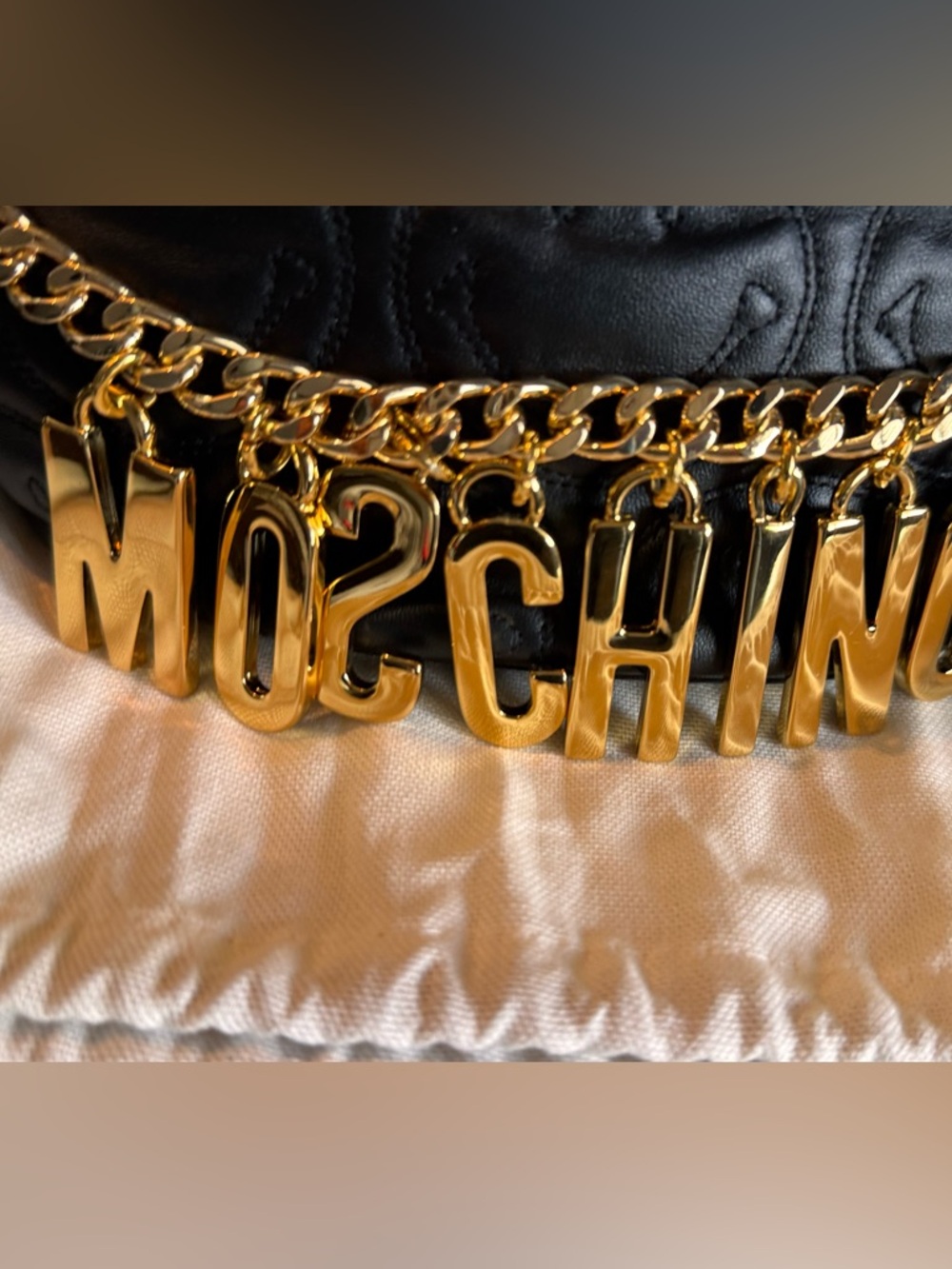 Moschino Black Quilted Leather Crossbody with Gold Logo Chain - Picture 2 of 15